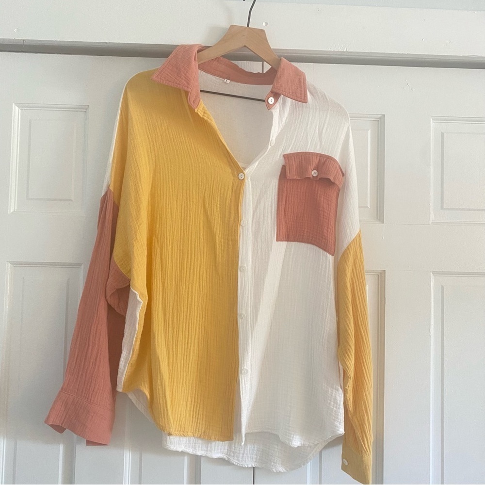 SHEIN‎ Multicolor Button Down Shirt - Yellow, White, Pink